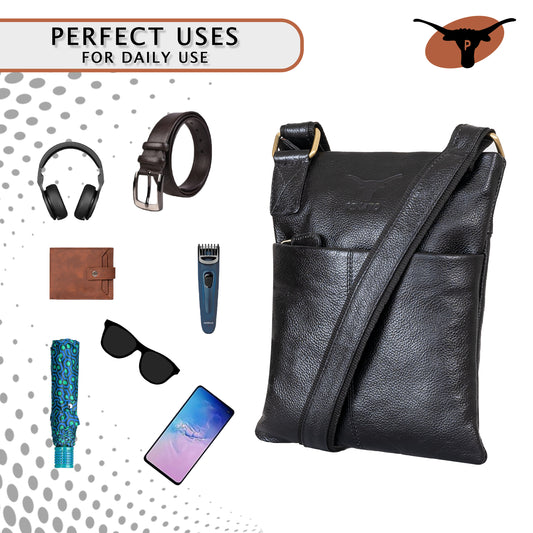 Pinato Genuine Leather Messenger Bag Jet Black for Women & Men