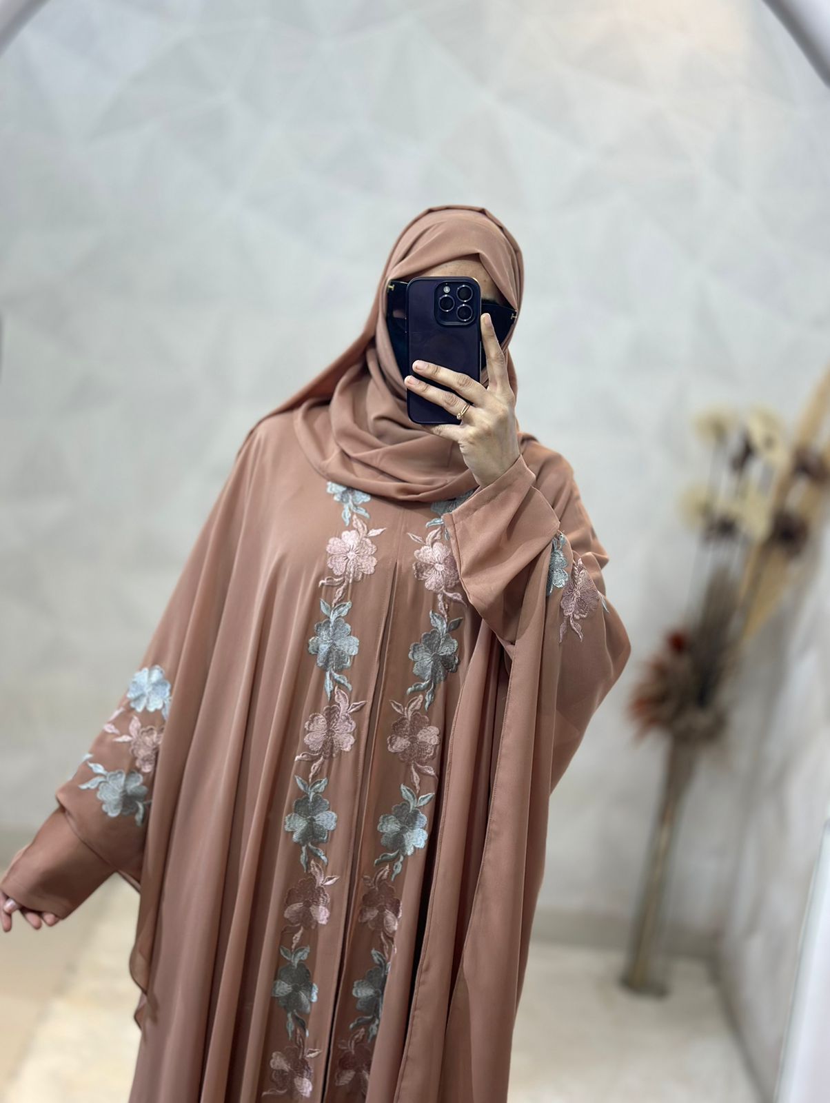 Indonesian Heavy Diamond Chiffon Beige Abaya Burqa - Floral Elegance and Dubai Style