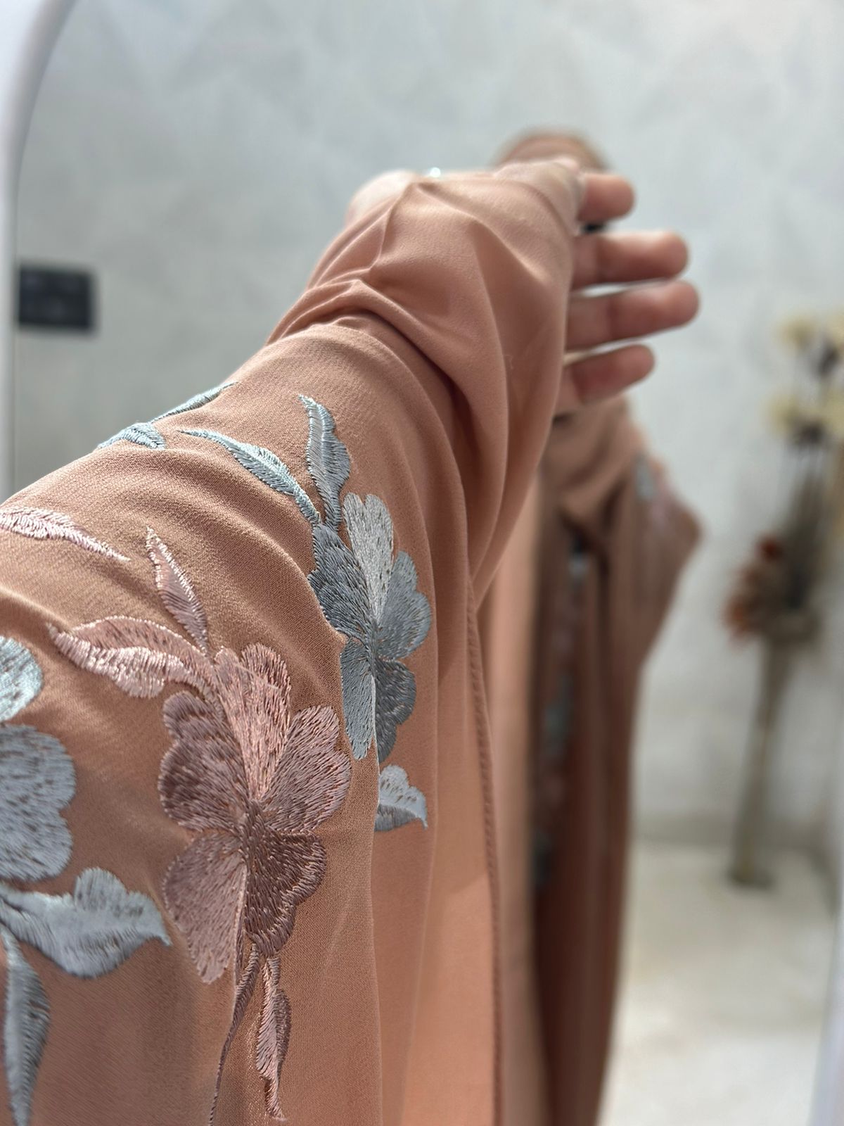 Indonesian Heavy Diamond Chiffon Beige Abaya Burqa - Floral Elegance and Dubai Style