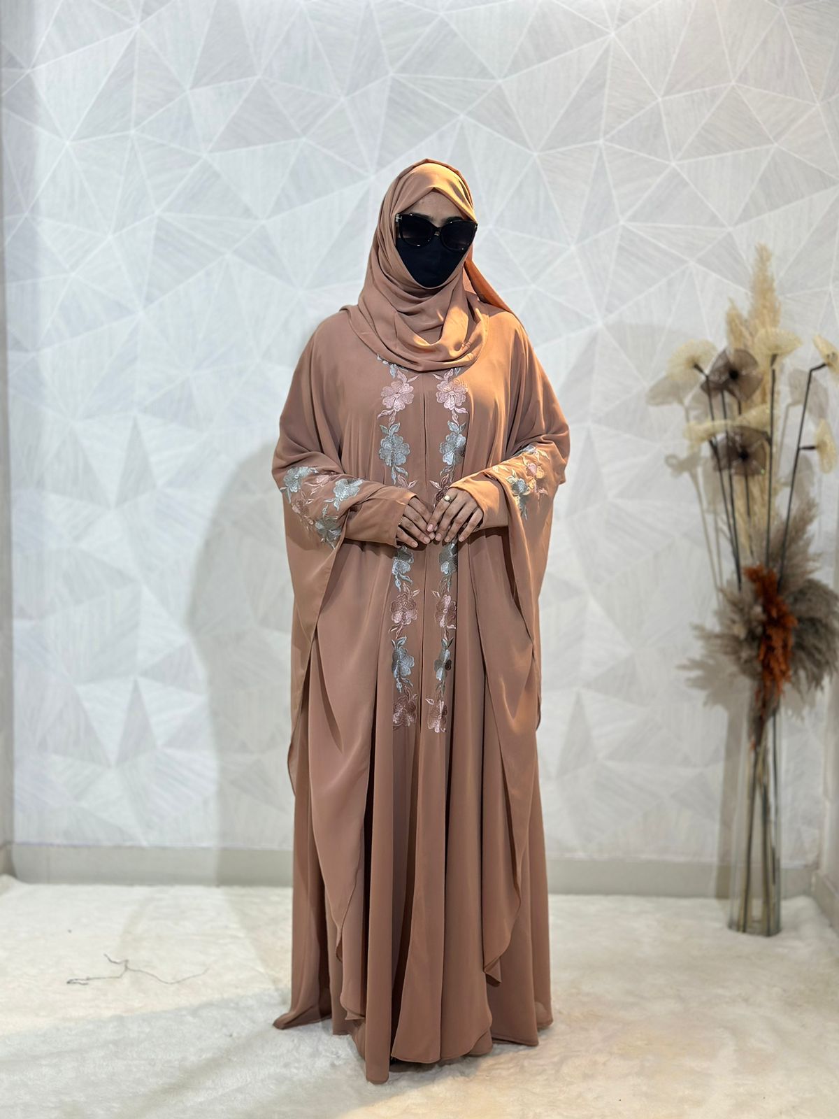Indonesian Heavy Diamond Chiffon Beige Abaya Burqa - Floral Elegance and Dubai Style