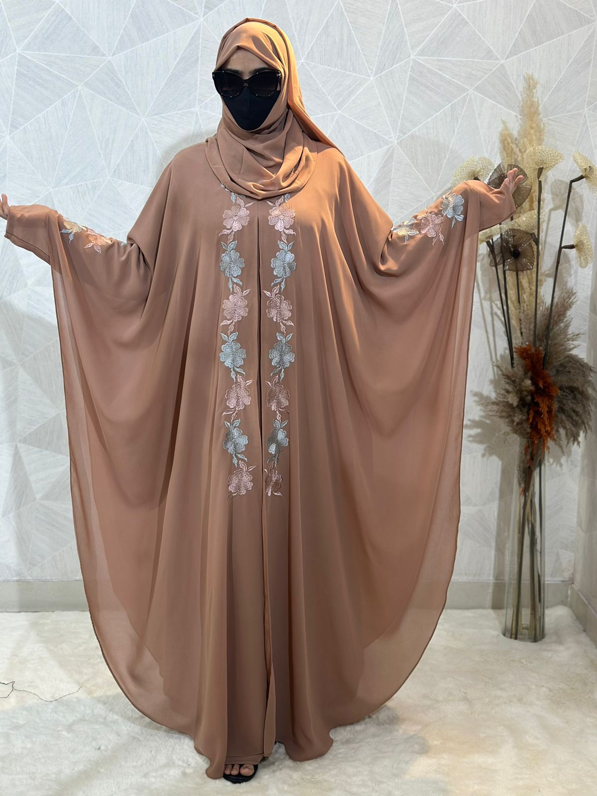 Indonesian Heavy Diamond Chiffon Beige Abaya Burqa - Floral Elegance and Dubai Style