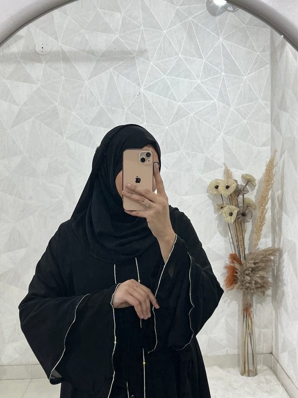 Diamond Chiffon Double Layer Front Open Stone lace Sleeves Black Abaya Burqa with Matching Hijab and Belt