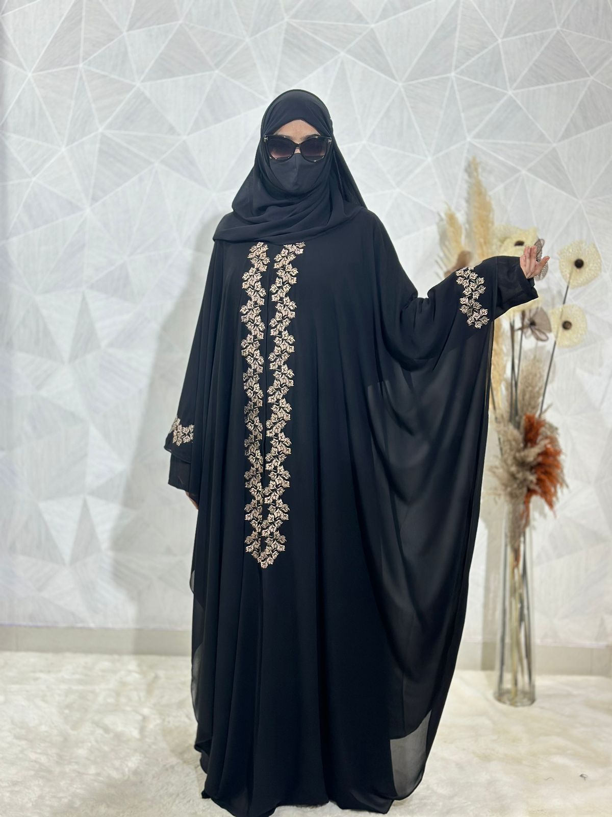 Indonesian Heavy Diamond Chiffon Black Abaya Burqa Floral Elegance and Dubai Style