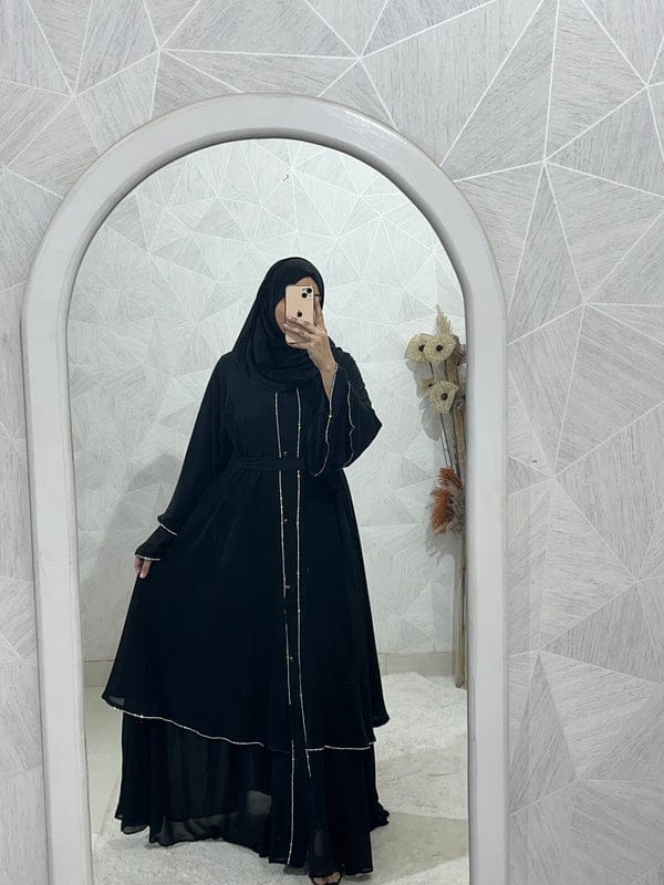 Diamond Chiffon Double Layer Front Open Stone lace Sleeves Black Abaya Burqa with Matching Hijab and Belt