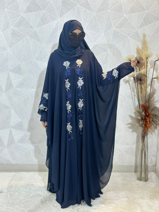 Indonesian Heavy Diamond Chiffon Navy Blue Abaya Burqa - Floral Elegance & Dubai Style