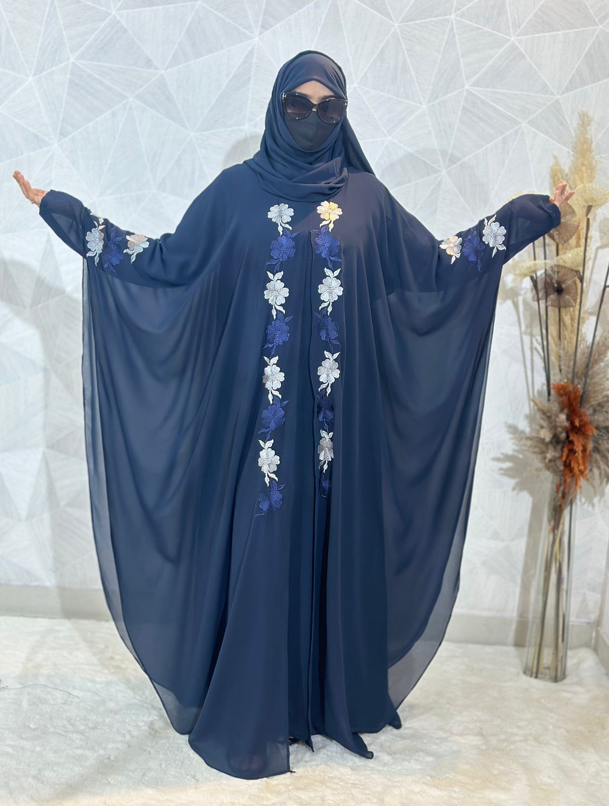 Indonesian Heavy Diamond Chiffon Navy Blue Abaya Burqa - Floral Elegance & Dubai Style
