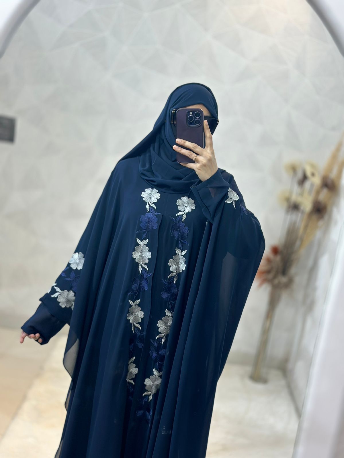 Indonesian Heavy Diamond Chiffon Navy Blue Abaya Burqa - Floral Elegance & Dubai Style