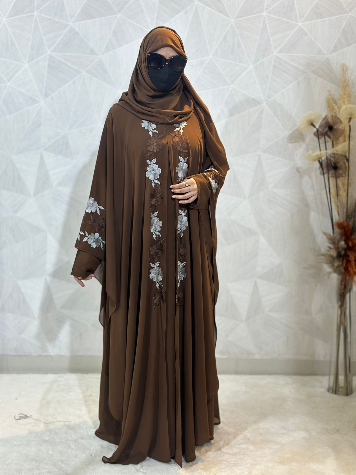 Indonesian Heavy Diamond Chiffon Brown Abaya Burqa - Floral Elegance and Dubai Style
