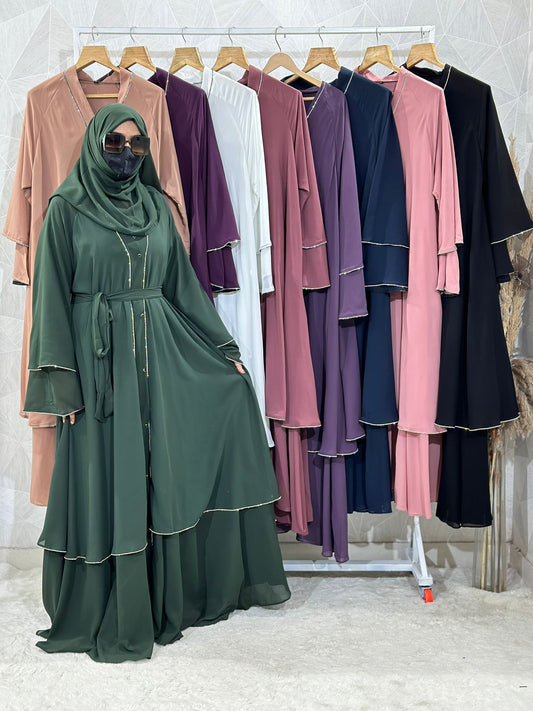 Diamond Chiffon Double Layer Front Open Stone lace Sleeves Dark Green Abaya Burqa with Matching Hijab and Belt