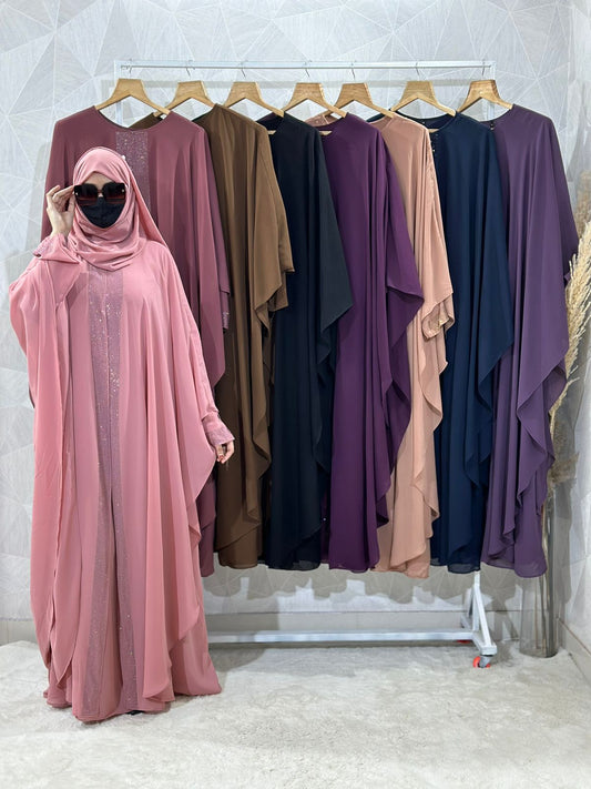 Indonesian Heavy Diamond Chiffon Double Layer Dubai Style Kaftan with Modern Butterfly Stonework - Elegant Pink Abaya