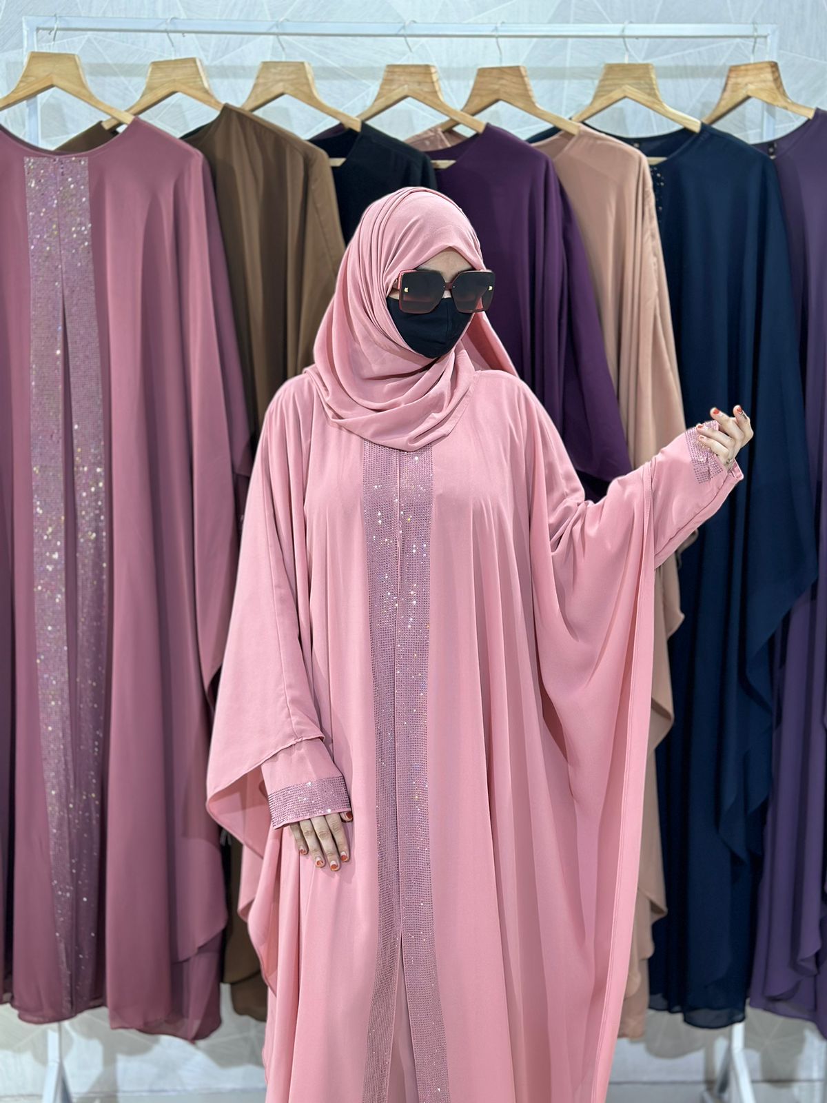 Indonesian Heavy Diamond Chiffon Double Layer Dubai Style Kaftan with Modern Butterfly Stonework - Elegant Pink Abaya