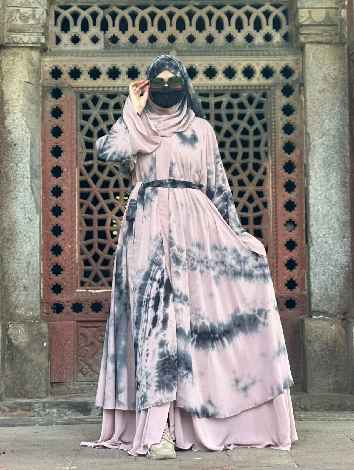 Dubai Style Double-Layered Tie Dye Printed Diamond Chiffon Abaya - Elegant Shrug Design
