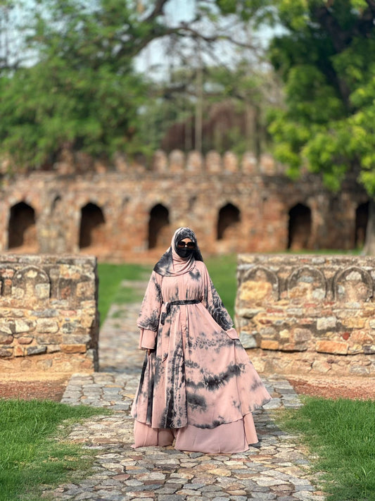 Dubai Style Double-Layered Tie Dye Printed Diamond Chiffon Abaya - Elegant Shrug Design