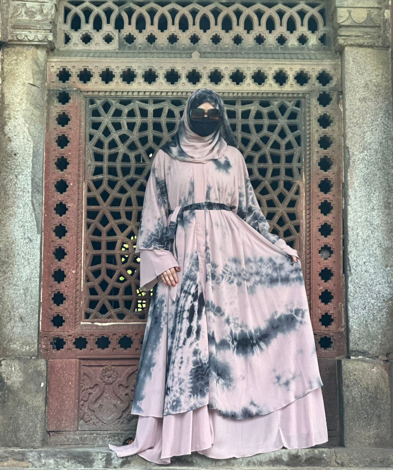 Dubai Style Double-Layered Tie Dye Printed Diamond Chiffon Abaya - Elegant Shrug Design