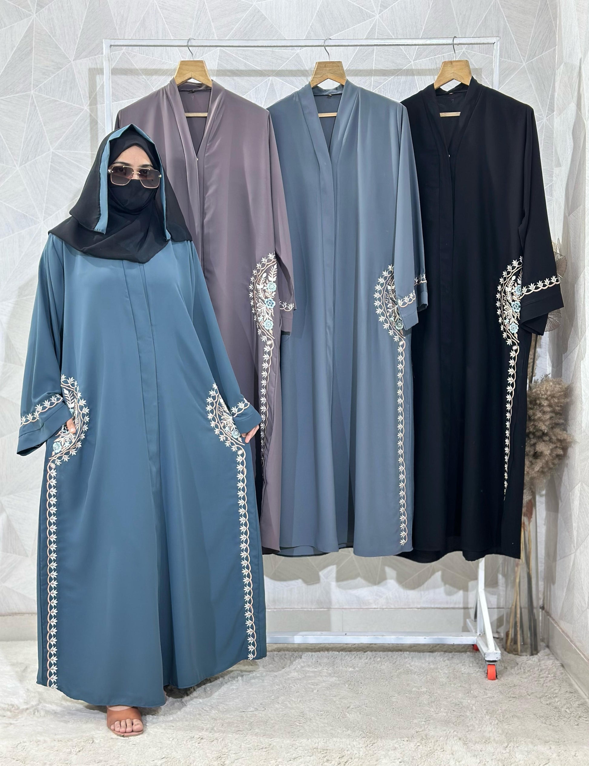Floral Embroidered Front-Open Abaya Burkha - Parada Fabric & Dubai Style