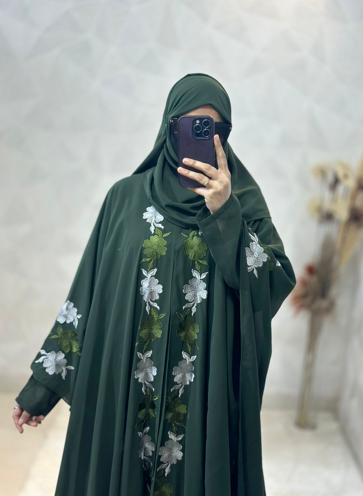 Green Abaya Kaftan - Indonesian Diamond Chiffon, Floral Elegance & Dubai Style