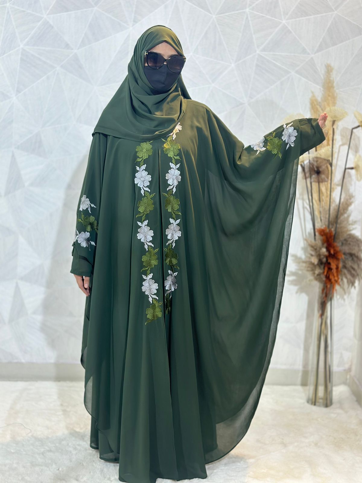 Green Abaya Kaftan - Indonesian Diamond Chiffon, Floral Elegance & Dubai Style