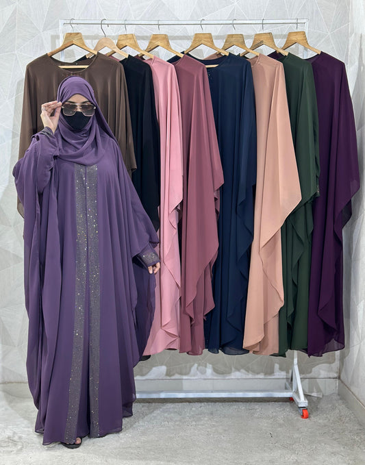 Indonesian Heavy Diamond Chiffon Double Layer Dubai Style Kaftan with Modern Butterfly Stonework - Elegant Purple Abaya