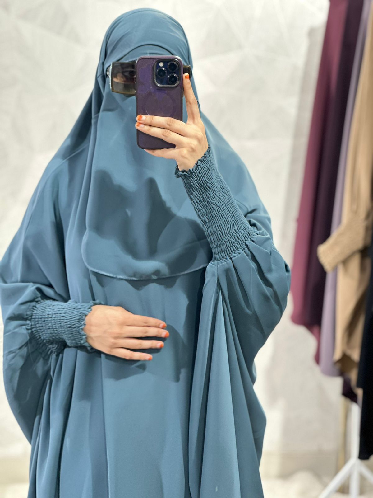 Teal Blue 3-Piece Jilbab Set ( skirt, nose piece & Jilbab ) – Premium Parada Fabric