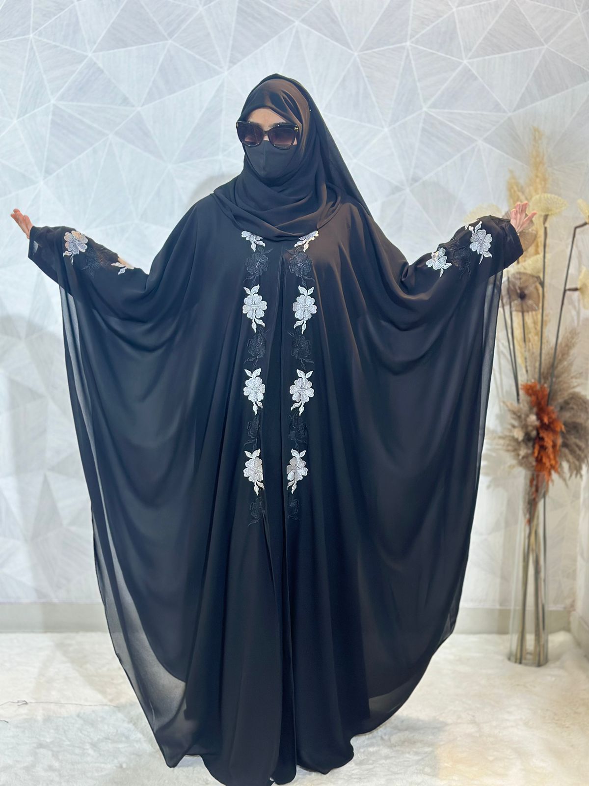 Indonesian Heavy Diamond Chiffon Navy Abaya Burqa Floral Elegance and Dubai Style