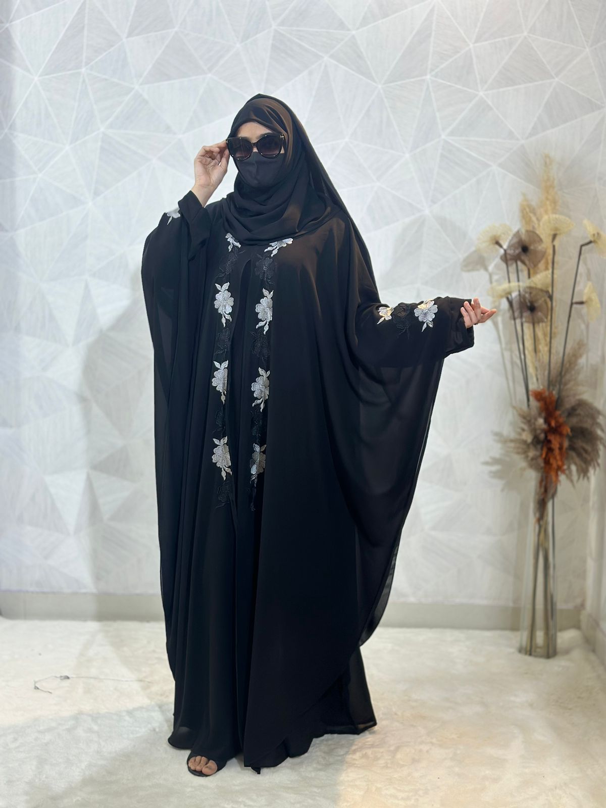 Indonesian Heavy Diamond Chiffon Navy Abaya Burqa Floral Elegance and Dubai Style
