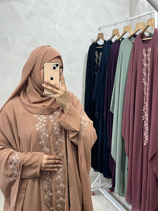 Tan Abaya Kaftan Burqa - Indonesian Diamond Chiffon, Floral & Dubai Style