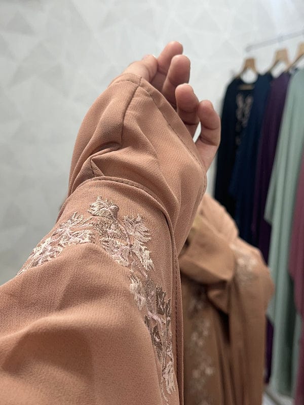 Tan Abaya Kaftan Burqa - Indonesian Diamond Chiffon, Floral & Dubai Style