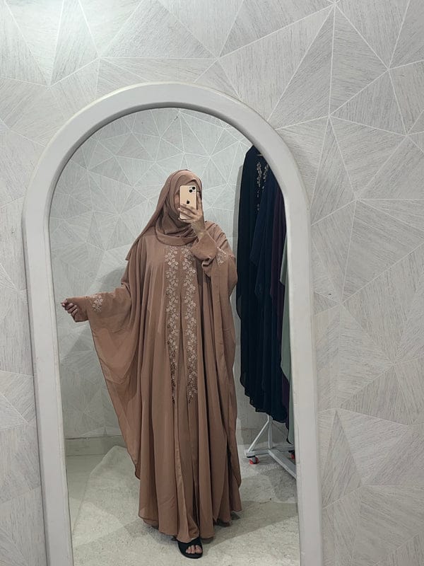 Tan Abaya Kaftan Burqa - Indonesian Diamond Chiffon, Floral & Dubai Style