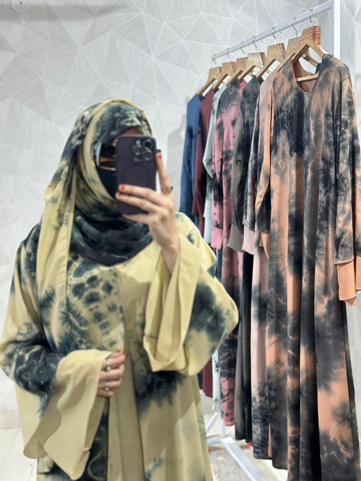Dubai Style Double-Layered Tie Dye Printed Diamond Chiffon Abaya - Elegant Shrug Design with Layered Sleeves