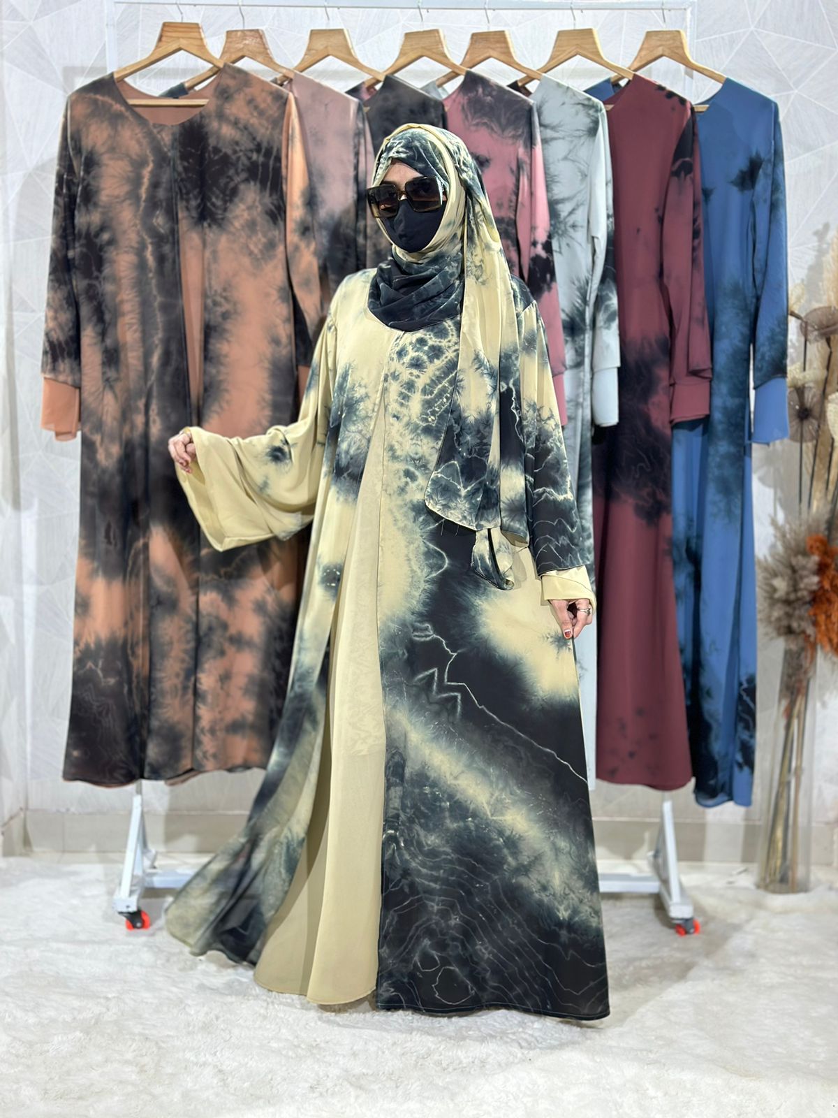 Dubai Style Double-Layered Tie Dye Printed Diamond Chiffon Abaya - Elegant Shrug Design