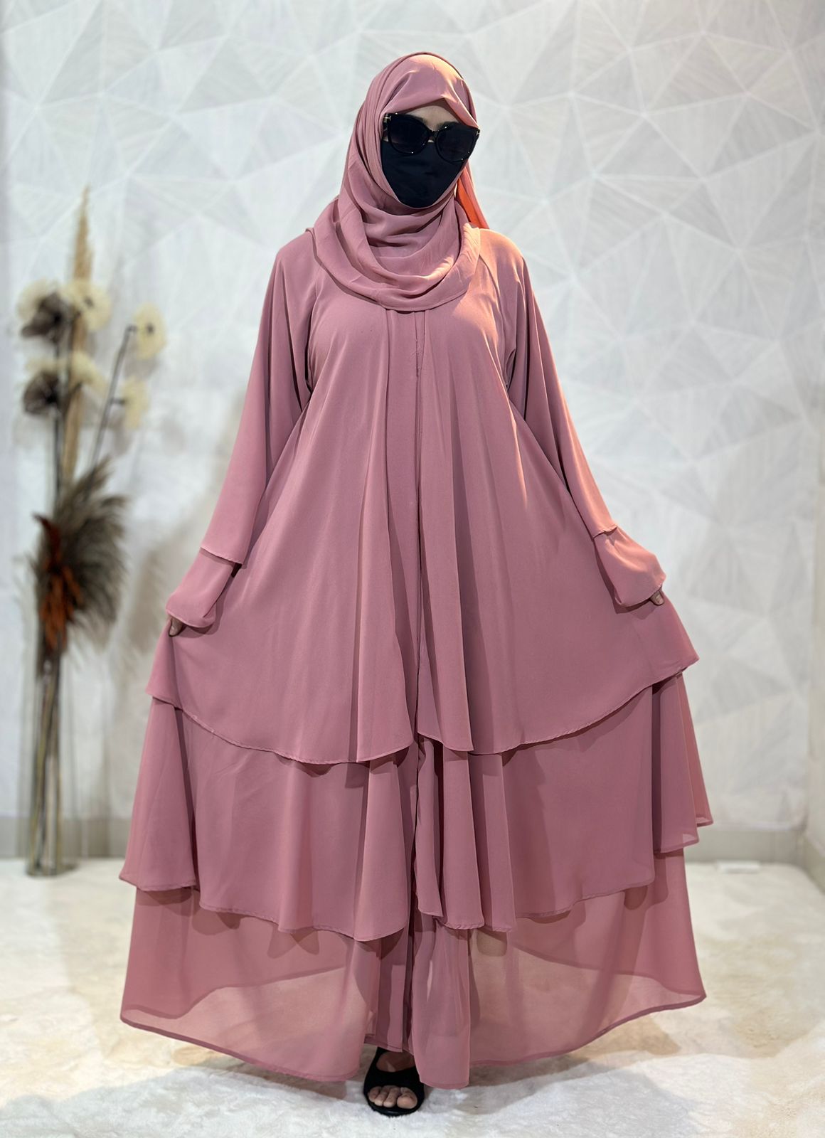 Diamond Chiffon Triple Layer Front Open Stylish Sleeves Pink Abaya Burqa with Matching Hijab and Belt