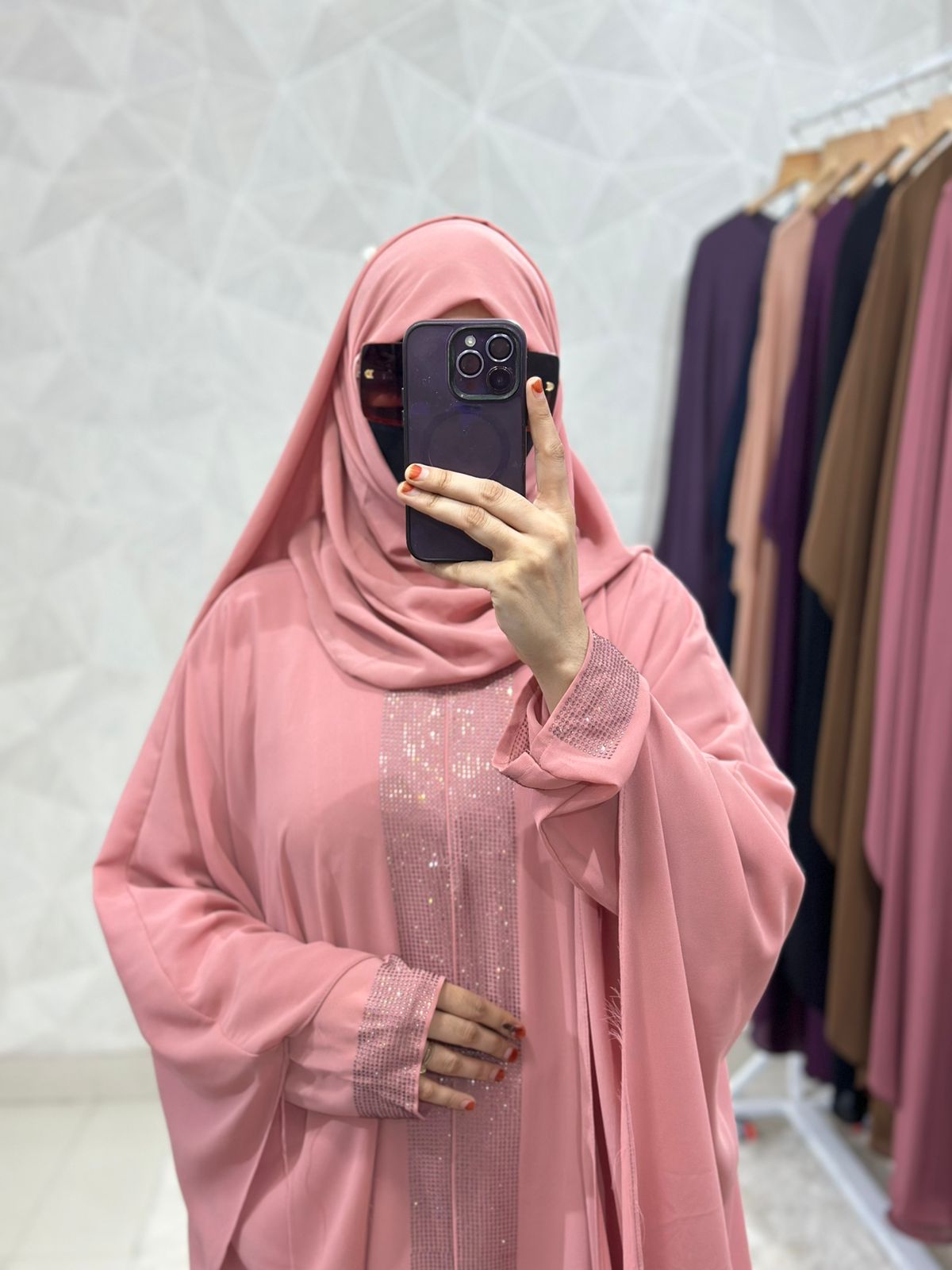 Indonesian Heavy Diamond Chiffon Double Layer Dubai Style Kaftan with Modern Butterfly Stonework - Elegant Pink Abaya