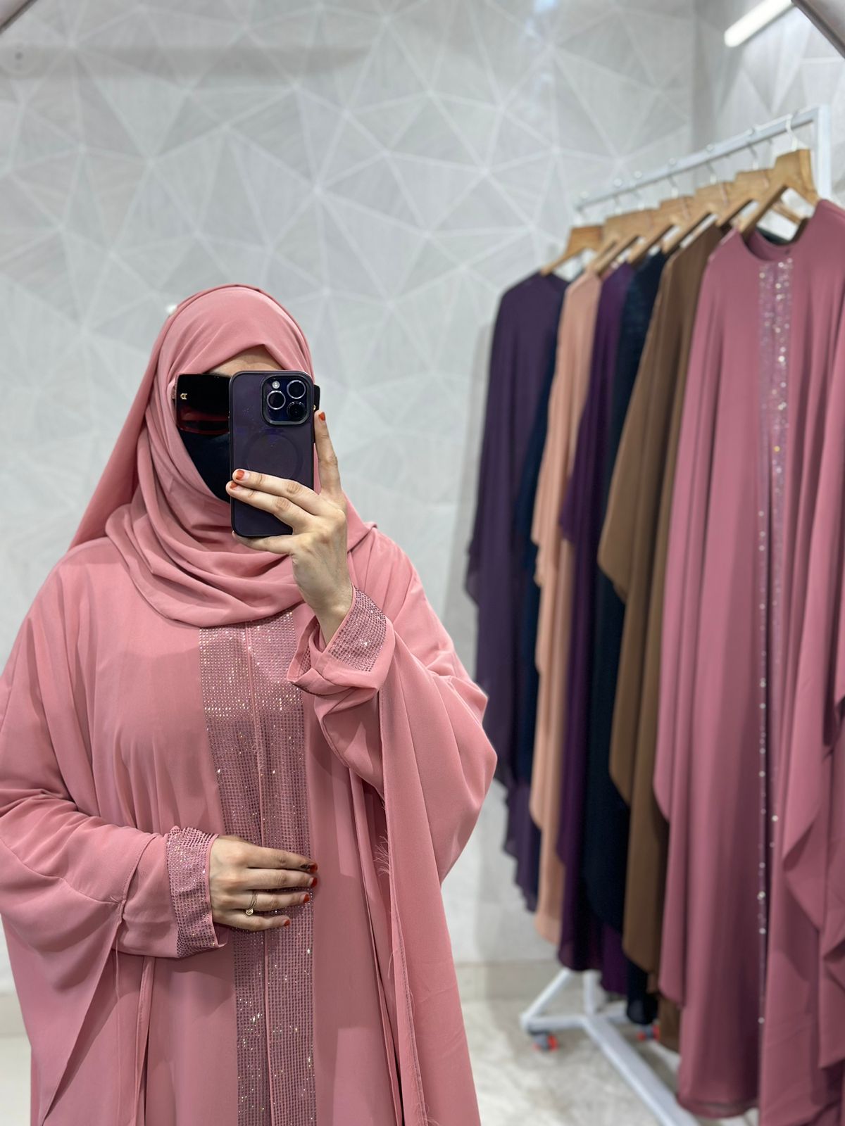 Indonesian Heavy Diamond Chiffon Double Layer Dubai Style Kaftan with Modern Butterfly Stonework - Elegant Pink Abaya