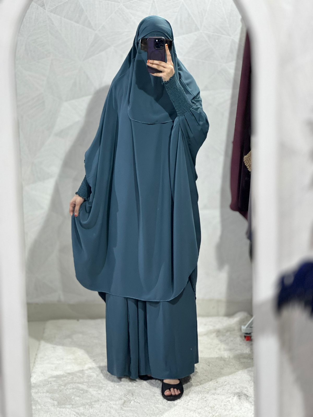 Teal Blue 3-Piece Jilbab Set ( skirt, nose piece & Jilbab ) – Premium Parada Fabric