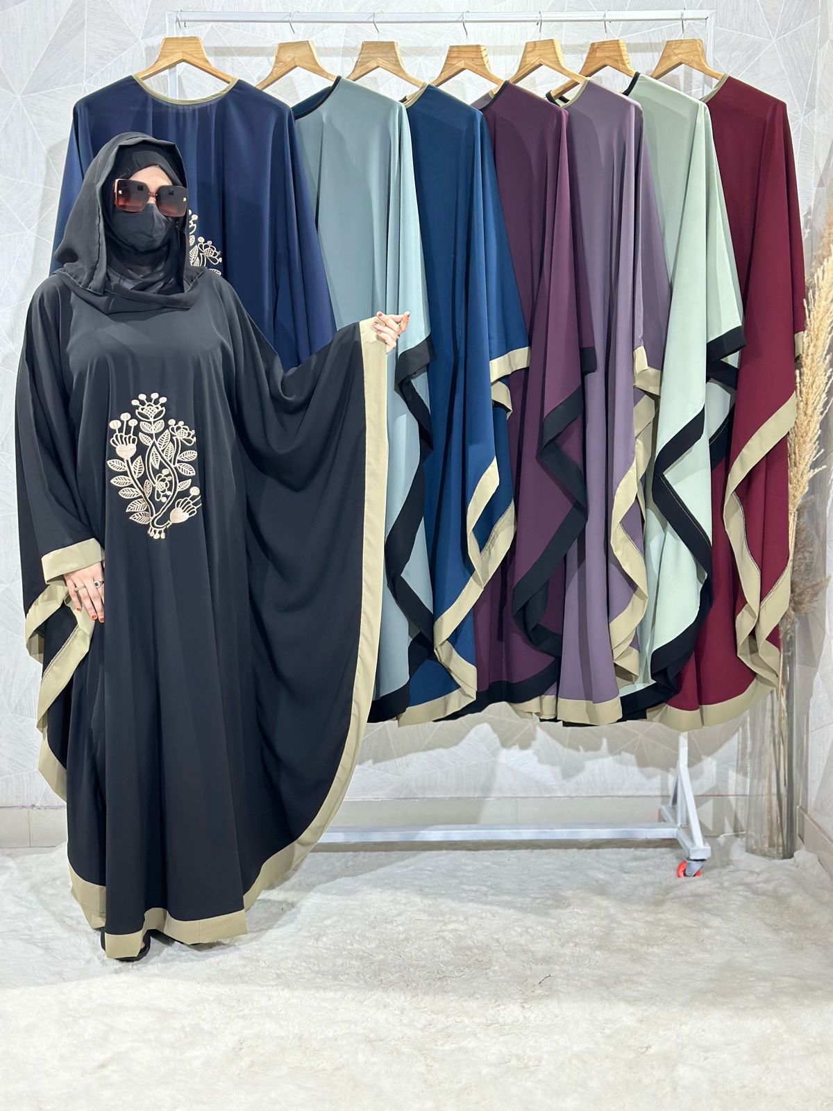 Dubai Style Firdaus Floral Embroidered Black Kaftan Abaya Elegant Summer Wear