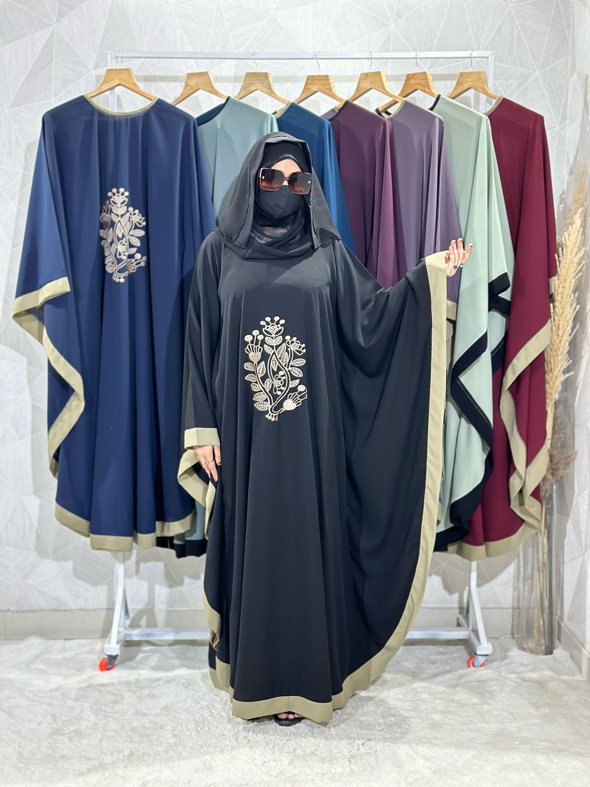 Dubai Style Firdaus Floral Embroidered Black Kaftan Abaya - Elegant Summer Wear