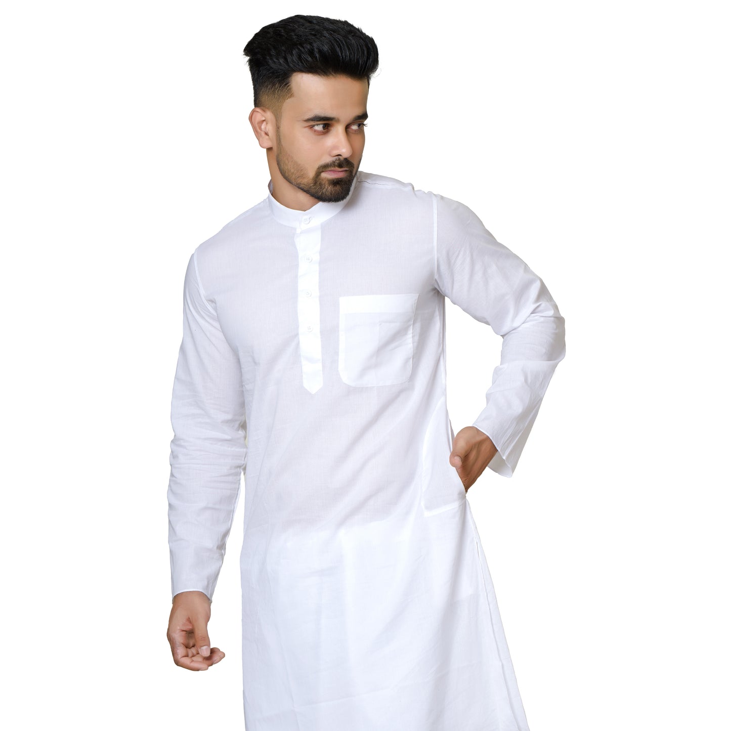 Klassic Men's Pure White Cotton Kurta with Patch Pocket