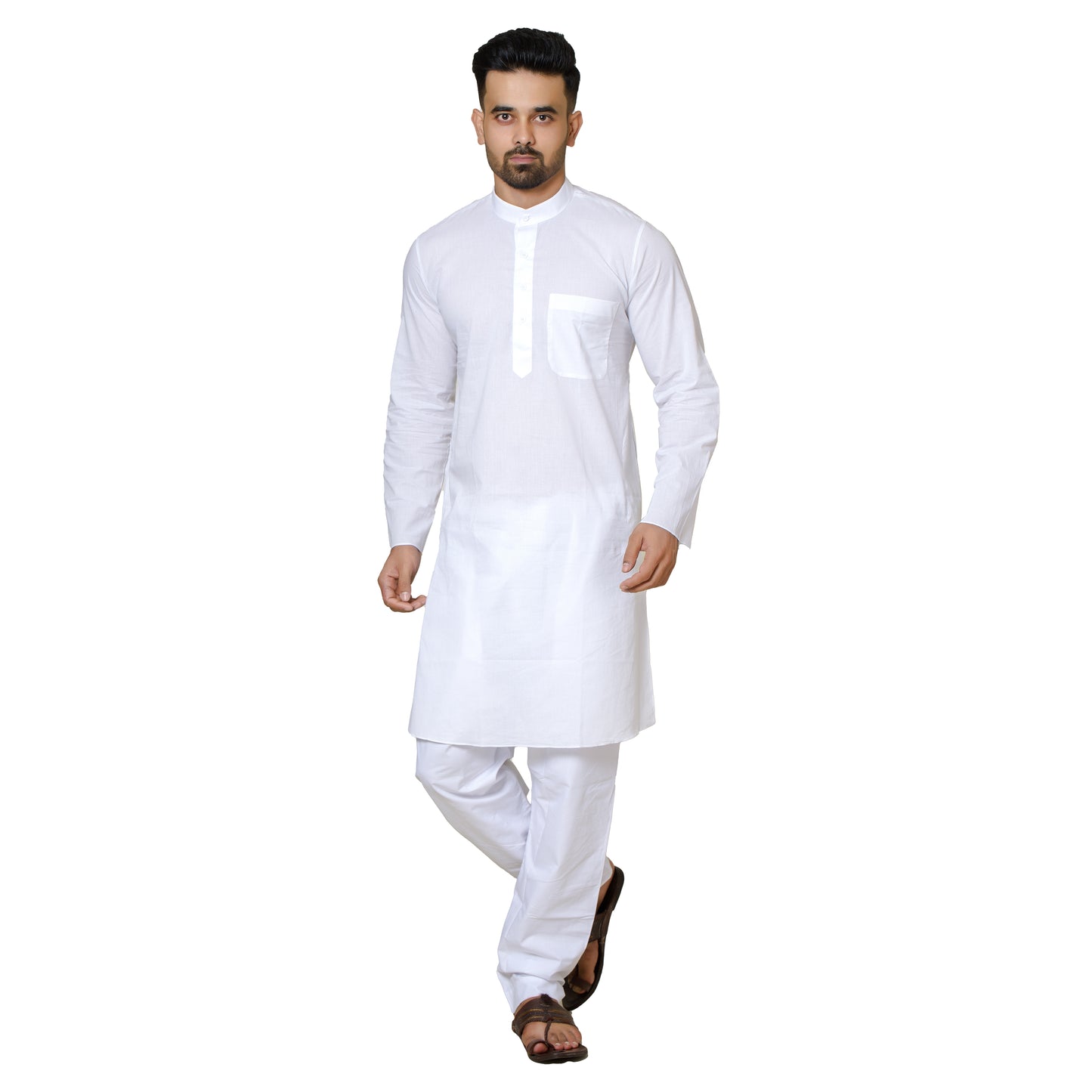 Klassic Men's Pure White Cotton Kurta with Patch Pocket