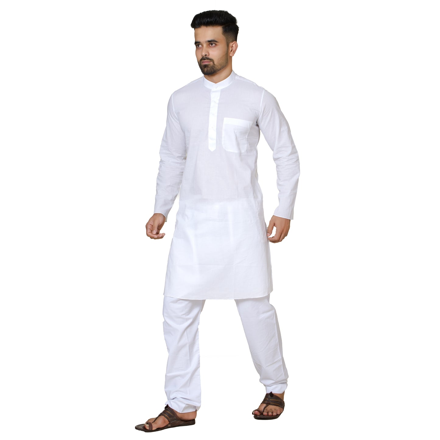 Klassic Men's Pure White Cotton Kurta with Patch Pocket