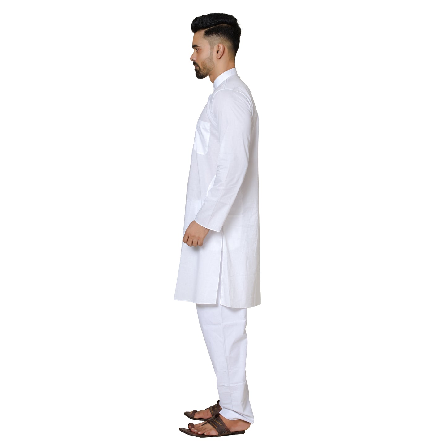 Klassic Men's Pure White Cotton Kurta with Patch Pocket