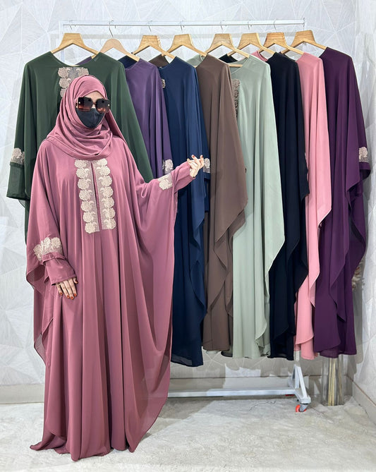 Beautiful Floral Rose Embroidery Pink Abaya Kaftan Burqa - Indonesian Diamond Chiffon, Floral & Dubai Style