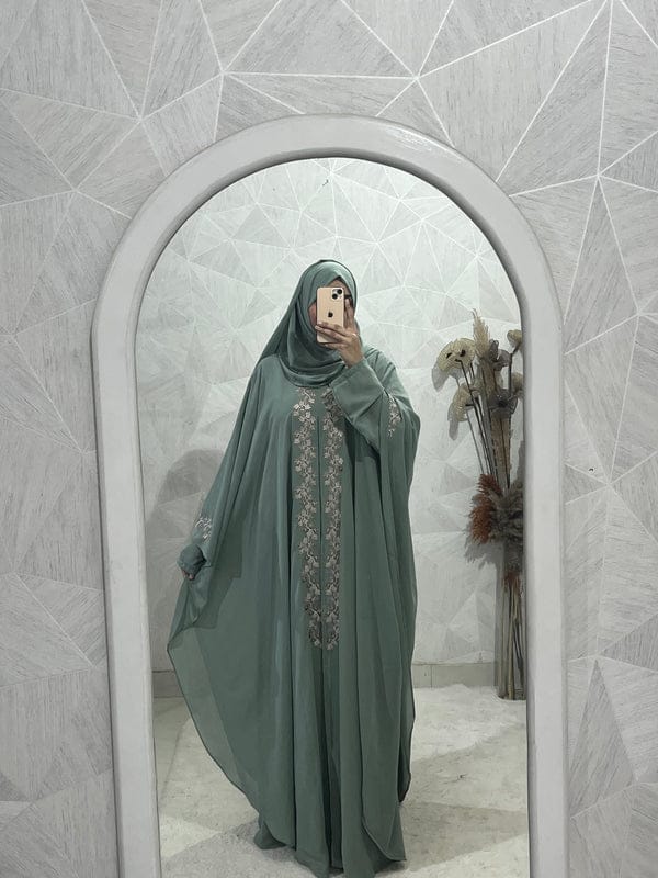 Sage Geen Abaya Kaftan Burqa - Indonesian Diamond Chiffon, Floral & Dubai Style
