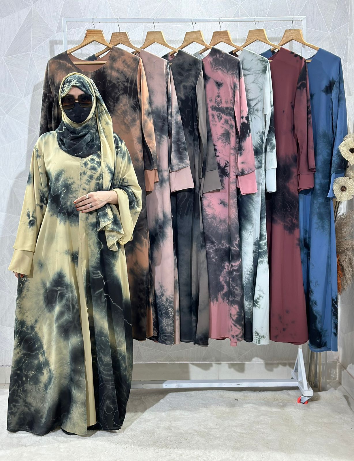 Dubai Style Double-Layered Tie Dye Printed Diamond Chiffon Abaya - Elegant Shrug Design