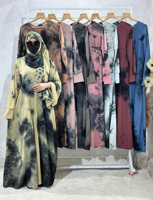 Dubai Style Double-Layered Tie Dye Printed Diamond Chiffon Abaya - Elegant Shrug Design