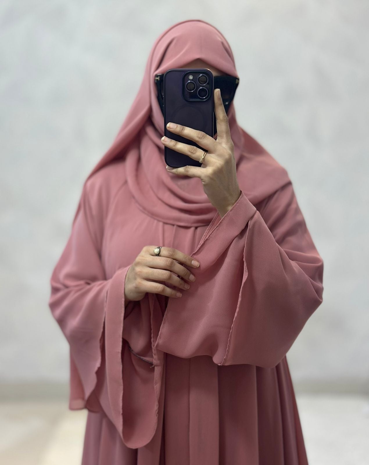 Diamond Chiffon Triple Layer Front Open Stylish Sleeves Pink Abaya Burqa with Matching Hijab and Belt