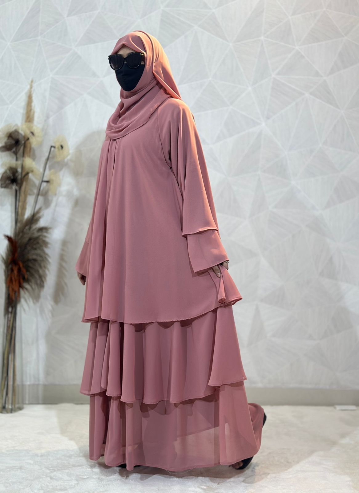Diamond Chiffon Triple Layer Front Open Stylish Sleeves Pink Abaya Burqa with Matching Hijab and Belt