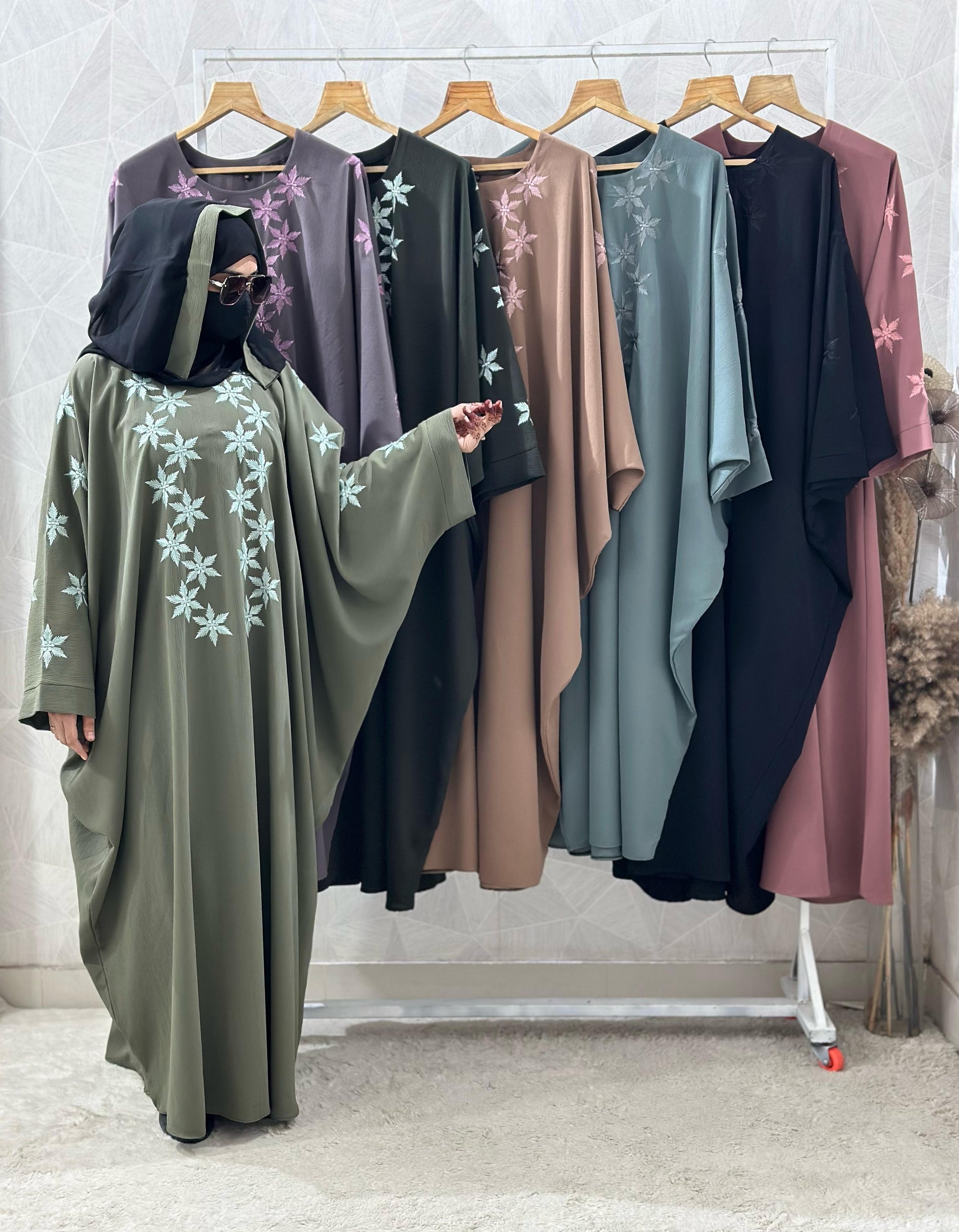 Butterfly Embroidered Kaftan Abaya Set - Cye Crush Fabric, Dubai Style