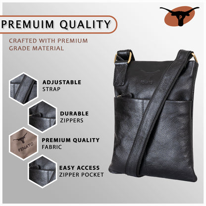Pinato Genuine Leather Messenger Bag Jet Black for Women & Men