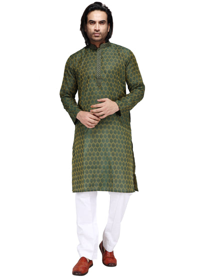 Men's Cotton Silk Blend Green Color Regular Fit Kurta 