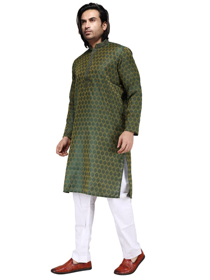 Men's Cotton Silk Blend Green Color Regular Fit Kurta 